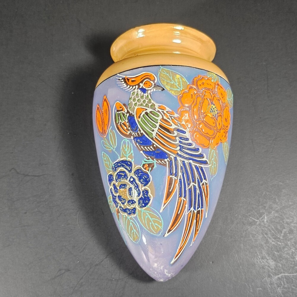 Vtg Hand-Painted Japanese Lusterware Wall Pocket, Bird and Flowers 4"x7"